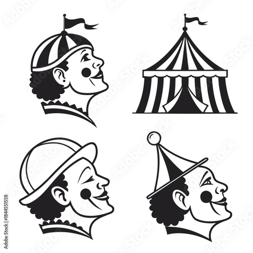 Set of four black and white circus tent and clown silhouettes