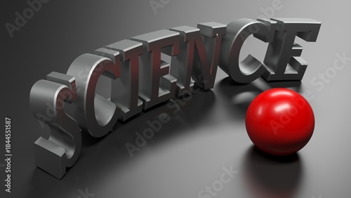 SCIENCE metallic write on black glossy surface with red dot - 3D rendering illustration