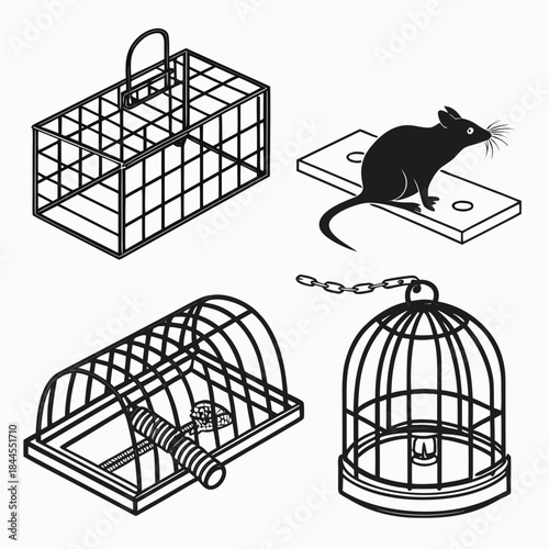Set of four black and white silhouette animal traps and cages