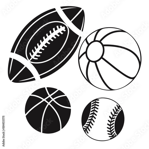 Set of four black and white sports ball silhouettes