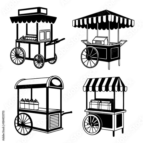 Set of four black and white street food cart silhouettes