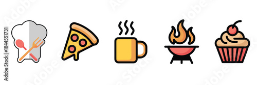 Food and Cooking Icon Set - Chef Hat, Pizza, Coffee, BBQ Grill, and Cupcake Line Art Symbols for Restaurant and Culinary Design