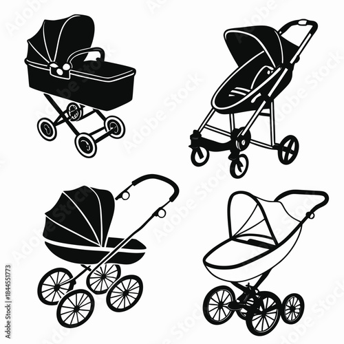 Set of four black baby stroller and cradle silhouettes