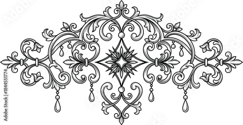 Baroque ornament, Rococo flourish, vintage scrollwork, floral motif, symmetrical decoration, elegant pattern, teardrop element, classic design, vector art, black