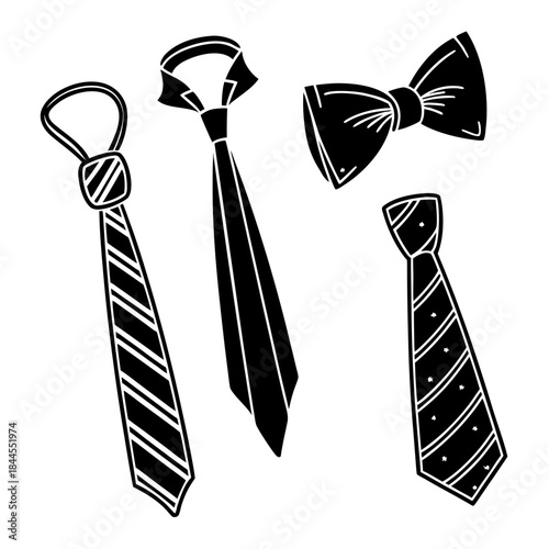 Set of four black silhouette ties and bowties necktie