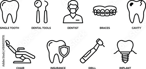 Dental icon set, tooth, braces, dentist, tools, implant, cavity, drill, chair, insurance, black vector, oral care