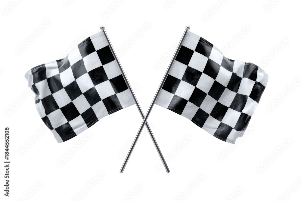 Fototapeta premium Crossed checkered racing flags for motorsport finish line, speed and competition isolated on transparent background