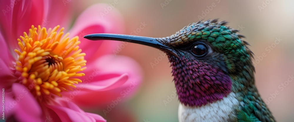 Naklejka premium Close-Up of a Hummingbird Near a Vibrant Pink Flower