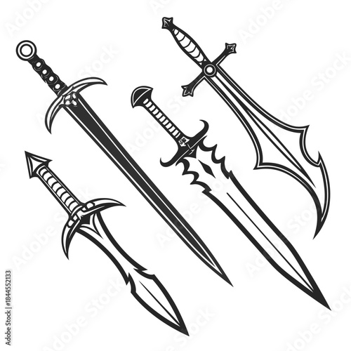 Set of four fantasy sword silhouettes on white background 1