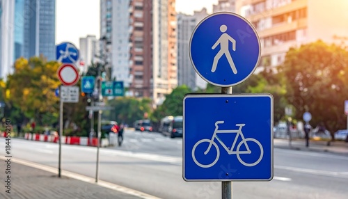 Urban streetscape focusing on blue pedestrian and bicycle signs, blurred cityscape, trees, and sunlit asphalt