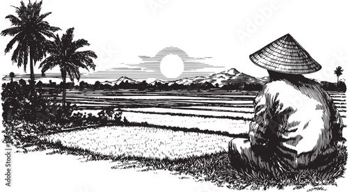 Farmer silhouette in a serene landscape at sunset. Paddy field and mountain scenery create a tranquil vector illustration.