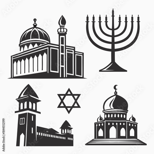 Set of four religious symbols and buildings synagogue