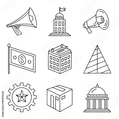 Set of nine black and white vector icons representing government and finance