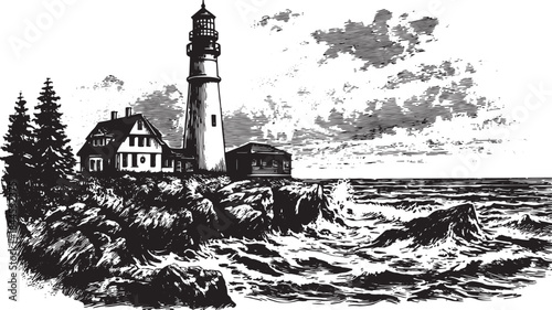 Lighthouse on a rocky coast with fireworks. Vintage engraving style vector illustration showcasing the sea, clouds, and surrounding landscape.