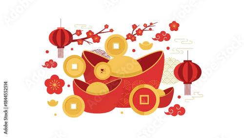 Colorful Chinese New Year Celebration Illustration Featuring Red Lanterns and