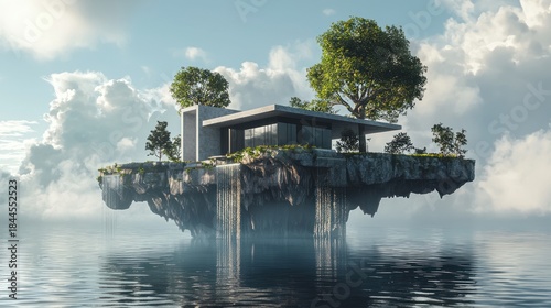 Modern House on Floating Island in Water with Cloudy Sky.