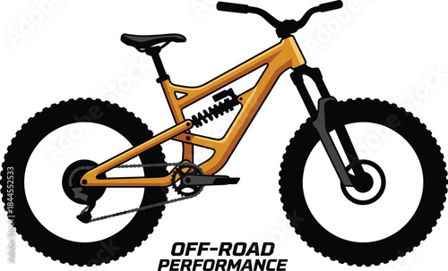 Mountain bike illustration, off-road performance, full suspension, knobby tires, orange frame, rugged terrain, vector art, cycling gear, sport, adventure