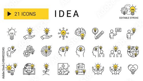 Collection of 21 Sleek Line Icons Representing Ideas, Innovation, and Creative Concepts