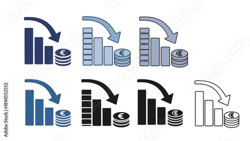 Set of finance graph icons illustrating decline in value with downward arrow and stack of coins