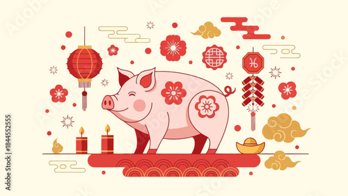 Whimsical Pig Celebrating Lunar New Year with Traditional Decor and Festive