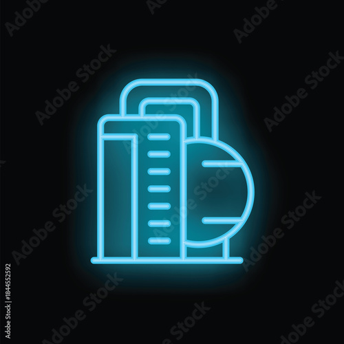 Blue neon icon on a black background representing a gym with a dumbbell and a ruler, promoting a healthy lifestyle