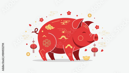 Festive Chinese New Year Celebration with Red Pig Illustration