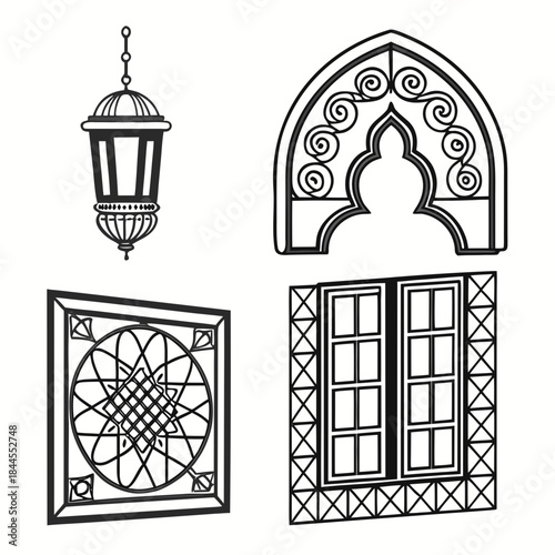 Set of six arabian ornament shapes window frame lantern