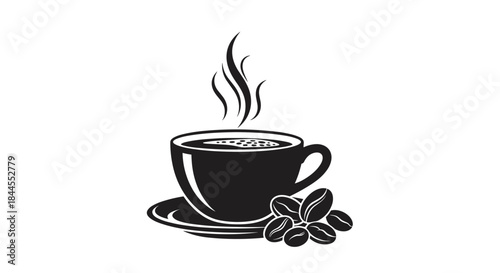 Classic black silhouette illustration of a steaming hot coffee cup with coffee beans resting beside it, ideal for caf� branding or menus.