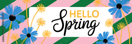 Hello Spring Banner with Blue Flowers and Green Stripes