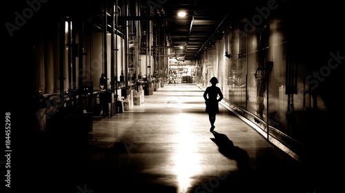 Silhouette of a worker walking down an industrial corridor