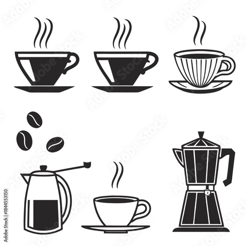 Set of six black coffee icons with steam and beans