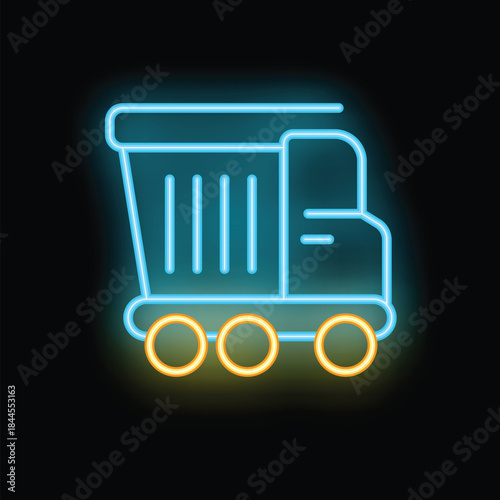 Blue and yellow neon sign representing a cargo truck driving on a black background