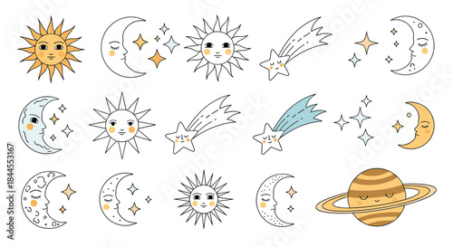 Adorable collection of whimsical cartoon celestial objects featuring smiling suns, sleeping moons, twinkling stars, shooting stars, and a friendly ringed planet.