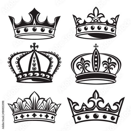 Set of six black crown illustrations on white background