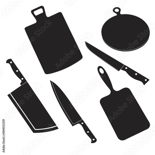 Set of six black kitchen cutting boards and knives silhouettes 1