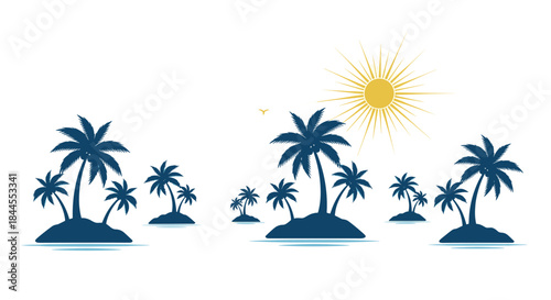 Idyllic tropical landscape featuring multiple small islands adorned with silhouetted palm trees under a bright shining sun, evoking a serene beach paradise.