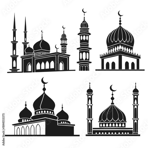 Set of six black mosque silhouettes with domes and minarets