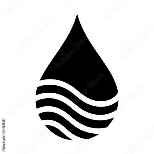 minimal black water droplet icon with flowing wave lines representing fluid and purity