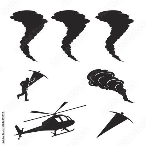 Set of six black silhouettes tornado helicopter man with flag pickaxe