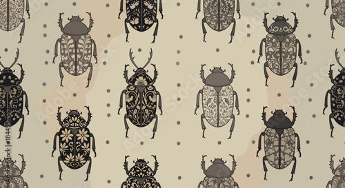 Ornate seamless pattern showcasing intricately detailed ornamental beetles with elaborate decorative motifs in earthy brown and black tones on a dotted beige background.