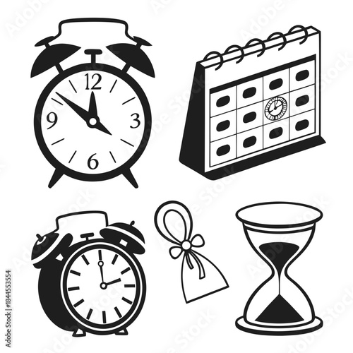 Set of six black time and calendar icons alarm clock