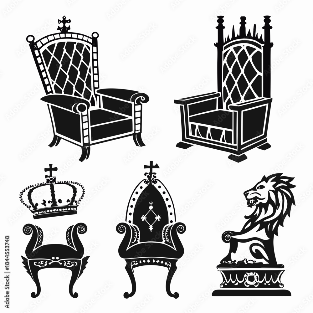 Fototapeta premium Set of six royal throne and crown silhouettes king