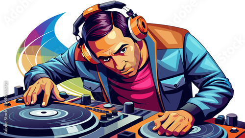 Very beautiful close-up illustration of a male DJ wearing headphones, focused on mixing vinyl records on a turntable, isolated on white background in clean modern vector style.