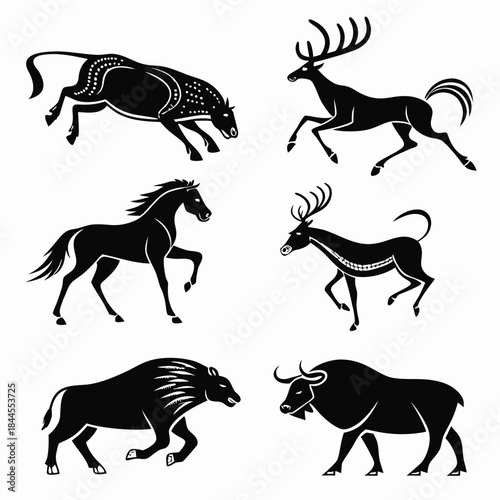 Set of six prehistoric animal silhouettes on white background 2