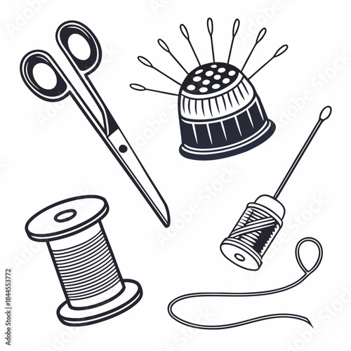 Set of six sewing tools black and white silhouettes