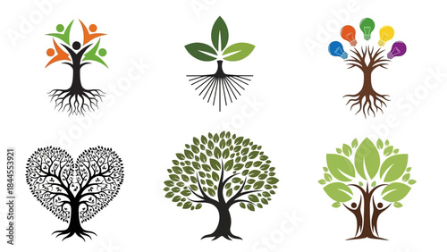 Symbolic Tree Logos and Icons Collection Illustrating Diverse Concepts of Growth, Community, Nature, Innovation, and Sustainable Life for Brand Identity and Environmental Initiatives