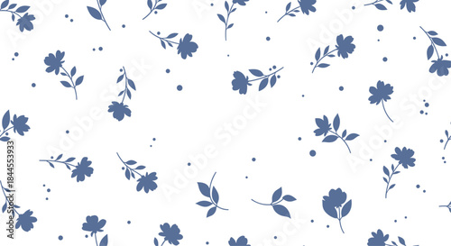 Charming seamless pattern adorned with scattered small blue flower and leaf silhouettes along with subtle dots, creating a fresh and delicate botanical design.