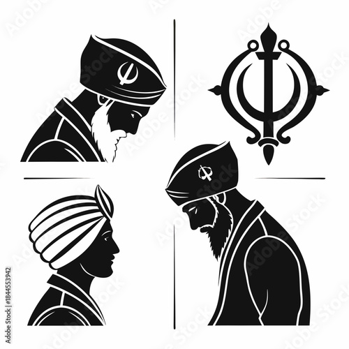 Sikh cultural icons and Khanda symbol black silhouettes