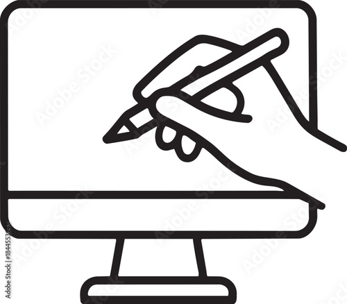 A black and white line drawing depicting a hand using a stylus on a computer screen