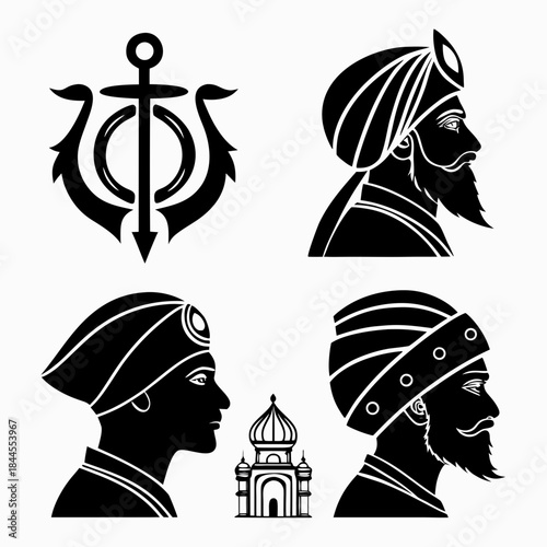 Sikh cultural icons set black silhouettes vector